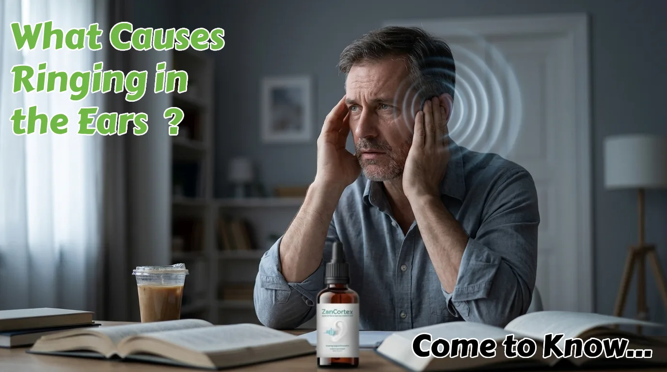 A stressed middle-aged man sitting at a desk with books, holding his head as concentric blue waves radiate from his ear to symbolize tinnitus or hearing discomfort, with a ZenCortex bottle in the foreground.
