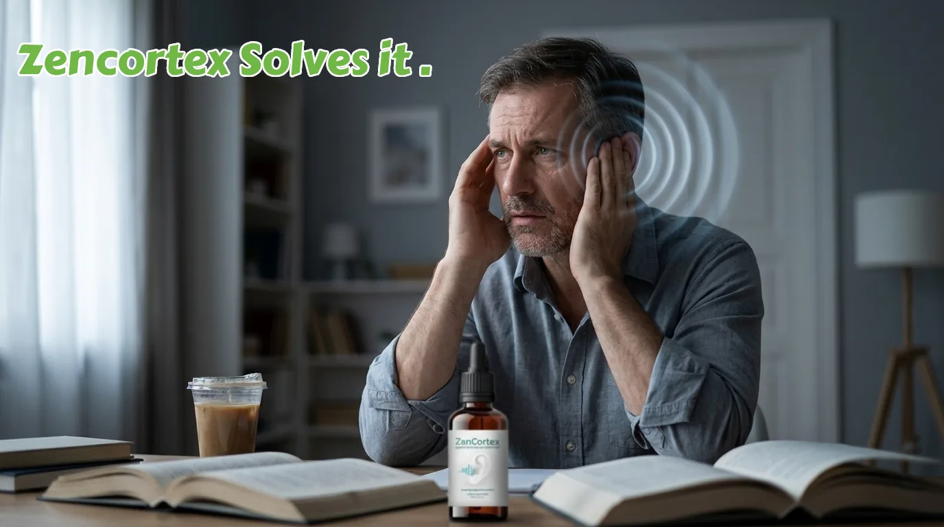 A stressed middle-aged man sitting at a desk with books, holding his head as concentric blue waves radiate from his ear to symbolize tinnitus or hearing discomfort, with a ZenCortex bottle in the foreground.