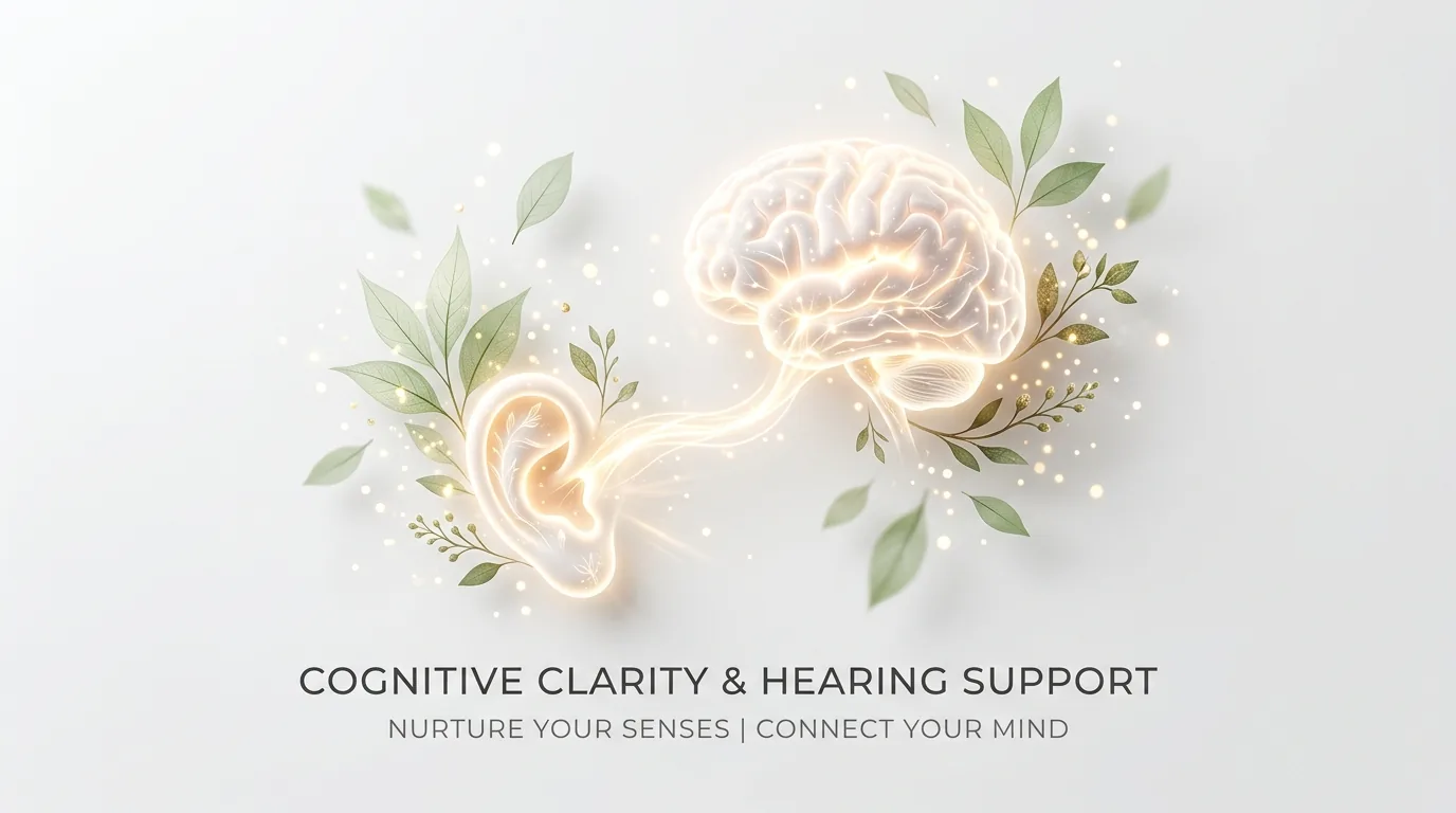 A glowing illustration of a brain and ear connected by light, surrounded by leaves and light particles, for a Cognitive Clarity & Hearing Support advertisement.